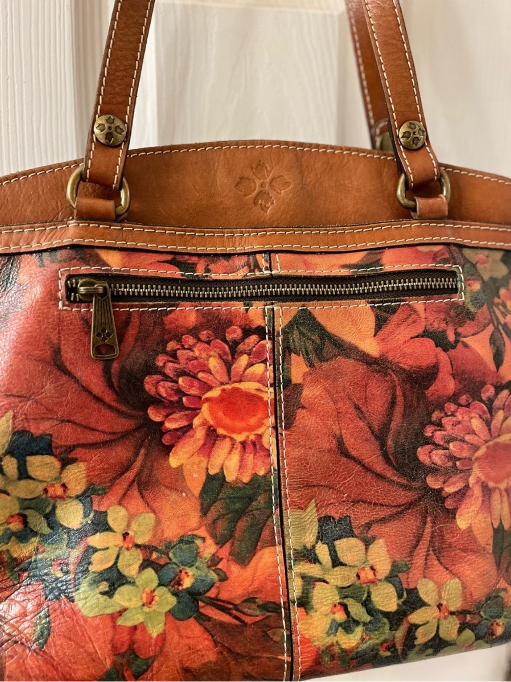 Patricia Nash Italian Leather Poppy Tote Cognac Floral GUC